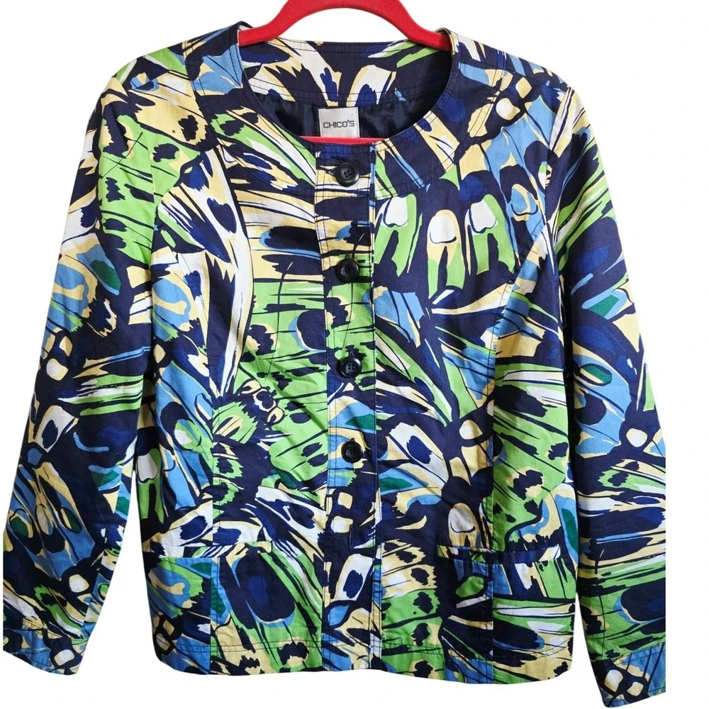 Chico's 1 Butterfly Print Button Front Jacket Blue Green Yellow Medium‎ NWOT
